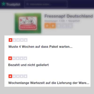 Screenshots der Trustpilot-Bewertungen des Fressnapf-Shops