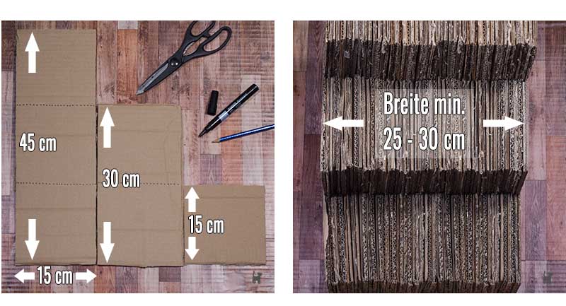 Maße der benötigten Pappstreifen und der fertigen Katzentreppe