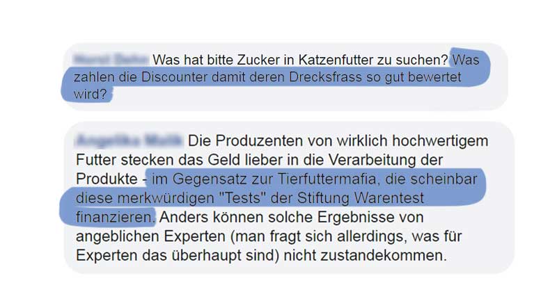 Zwei Nutzerkommentare auf der Facebook-Seite der Stiftung Warentest