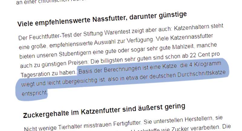 Auszug aus dem öffentlich einsehbaren Begleittext des Stiftung Warentest Katzenfuttertests 2020