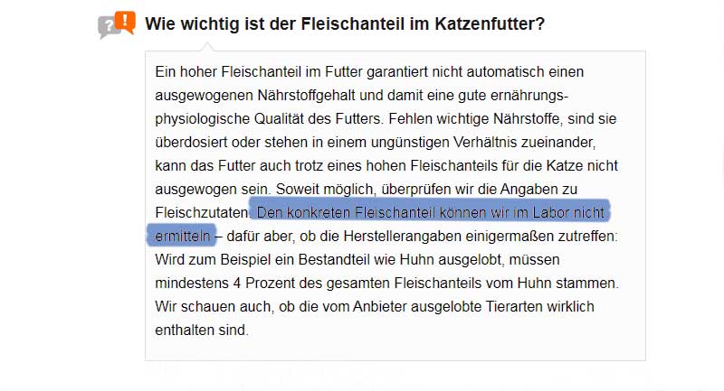 Auszug aus der öffentlich einsehbaren FAQ des Stiftung Warentest Katzenfuttertests 2020