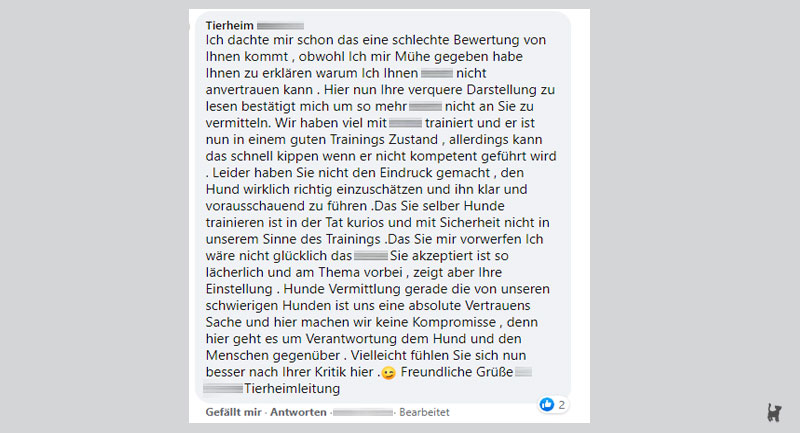 Screenshot Tierheimleiterin antwortet auf unberechtigte Kritik