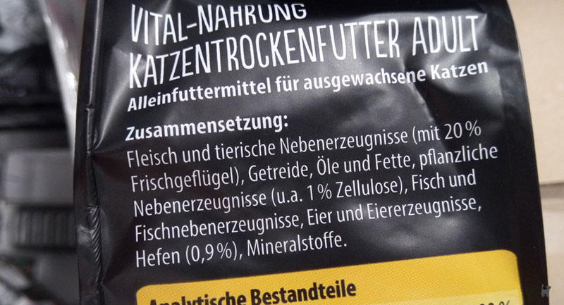 Deklaration einer Trockenfutter-Verpackung