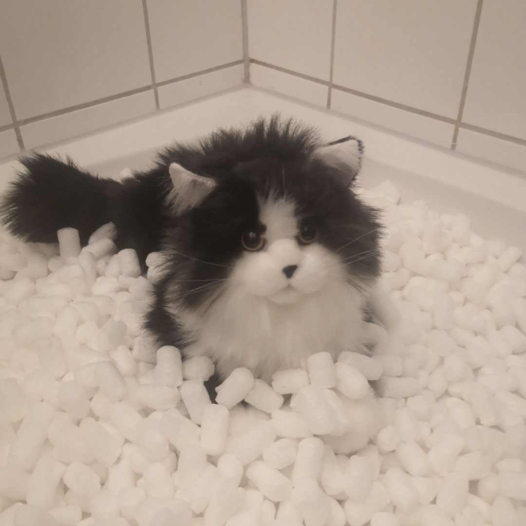 Stoffkatze liegt in Dusche gefüllt mit Verpackungschips aus Mais