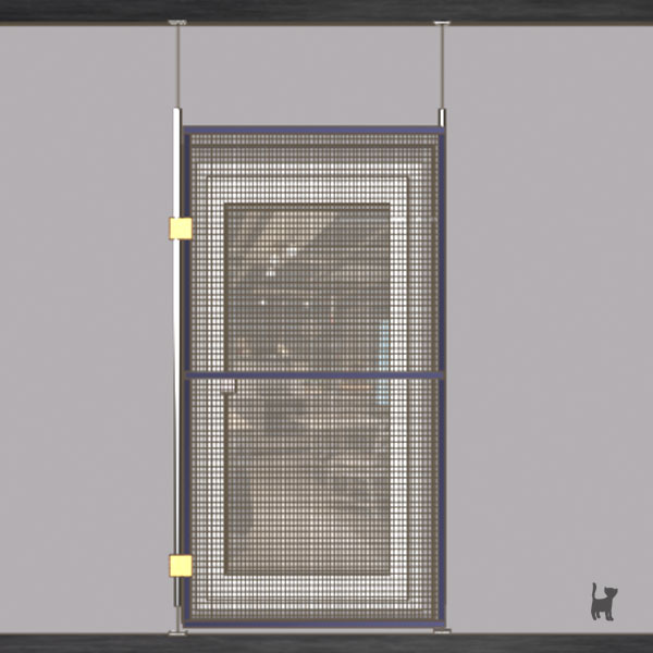 Die Grafik zeigt eine Schutztür, die an zwei Spannstangen befestigt ist, welche zwischen Boden und Decke der Terrasse eingeklemmt sind