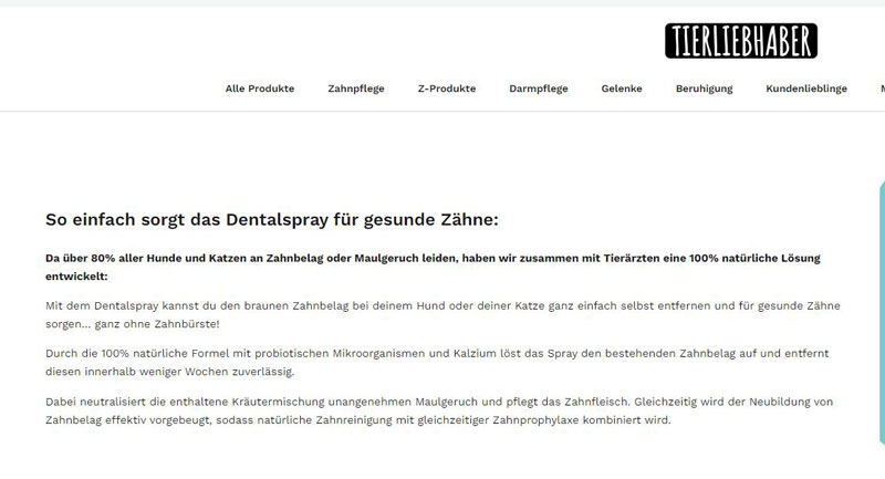 Screenshot der Werbeaussage zum Dentalspray auf der Website tierliebhaber.de