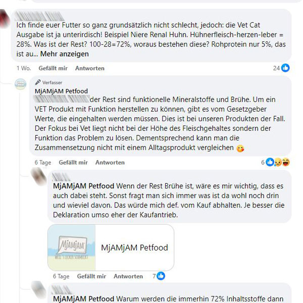 Screenshot der Kommentarspalte auf der Mjamjam-Facebookseite