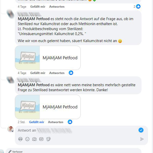 Screenshot der Kommentarspalte auf der Mjamjam-Facebookseite