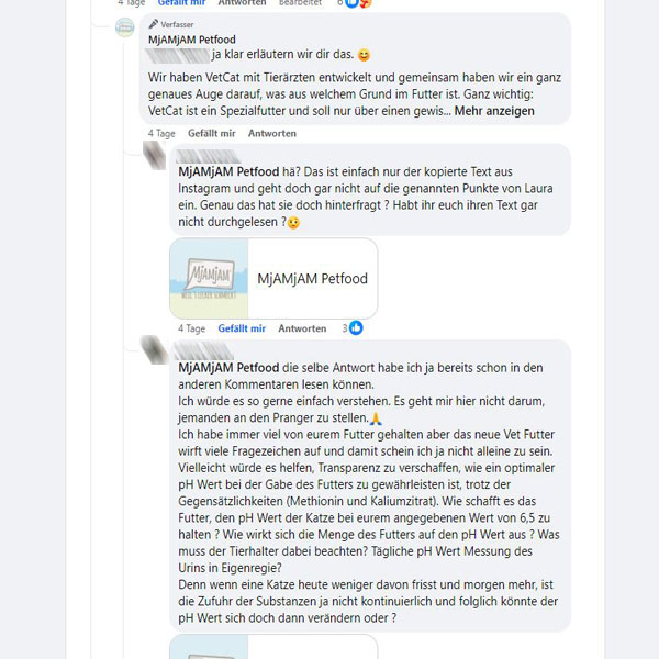 Screenshot der Kommentarspalte auf der Mjamjam-Facebookseite