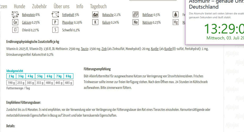 Screenshot der nochmals veränderten Produktbeschreibung des Mjamjam VetCat Urinary Futters in der Sorte "Huhn"