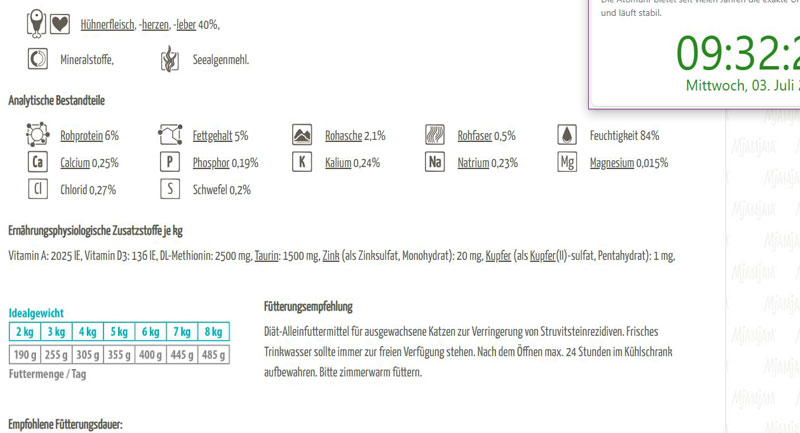 Screenshot der veränderten Produktbeschreibung des Mjamjam VetCat Urinary Futters in der Sorte "Huhn"