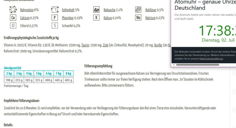 Screenshot der Produktbeschreibung des Mjamjam VetCat Urinary Futters in der Sorte "Huhn"