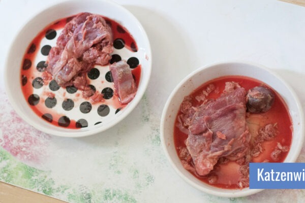 Zwei Futternäpfe gefüllt mit Rohfleischmahlzeiten nebeneinander